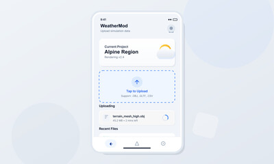 A person uses the WeatherMod application on a mobile device to view the current project. Options are shown for uploading simulation data specific to the Alpine Region.