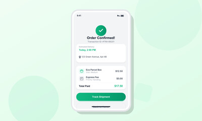 A digital screen displays an order confirmation with delivery details. The order is set for today at 2 PM and includes total costs and tracking options.