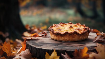 A freshly baked pie cooling on a wooden table outside a farmhouse, surrounded by autumn leaves. .