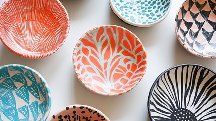 DIY decorative plates and bowls using air-dry clay and hand-painted patterns. .