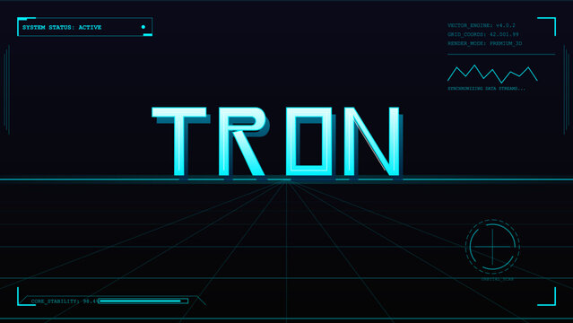 Digital art shows the Tron logo in bright colors on a dark background. It features grid lines and tech-style elements that create a futuristic look.
