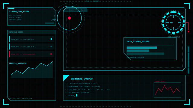 A display shows the network status and traffic analysis in a technology system. Data streams and terminal outputs are being monitored in real time during a work day.