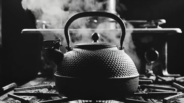 Vintage Kettle on Stovetop with Rising Steam.