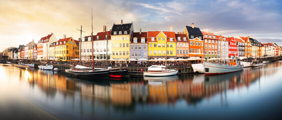 Panorama of Colorful houses at Nyhavn, Copenhagen, Denmark