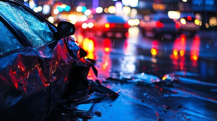 Close-up of car wreck, broken windows, city lights reflecting on wet streets .