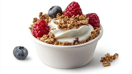 Greek yogurt with granola and berries isolated on white background .