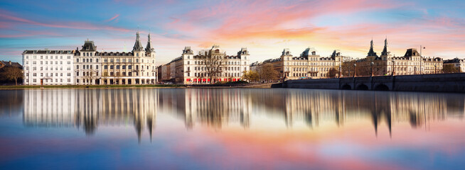 House on the embankment of Peblinge lake in Copenhagen, Denmark at sunset