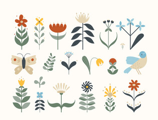 Collection of vibrant blossoming flowers, bird and butterfly in traditional Scandinavian folk style © Mykola Syvak