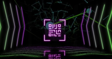 Animation of qr code over neon shapes and network of connections on black background - Powered by Adobe