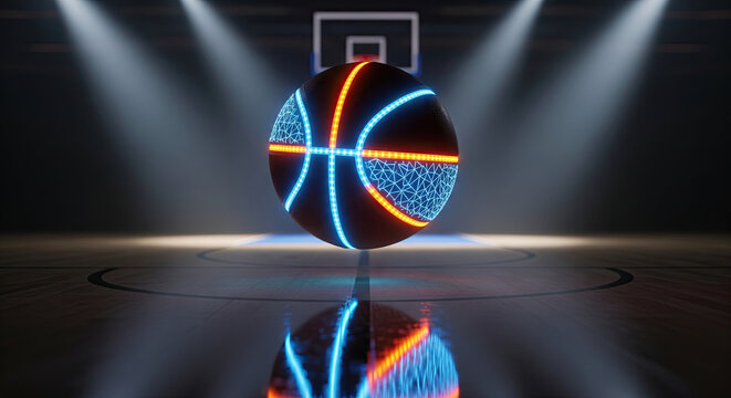 Futuristic glowing basketball hovers dramatically over a polished court under spotlights - Powered by Adobe