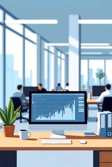 Modern office workspace illustration with data chart on computer screen. Business growth, financial analysis and corporate workplace concept.