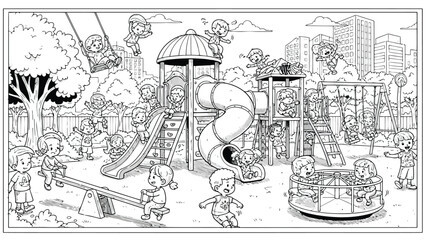 a detailed black and white illustration depicts children playing on various structures within a vibrant urban park setting