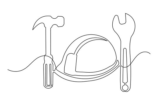 ingle line art illustration of hammer wrench and safety helmet isolated
