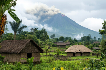 Traditional thatched-roof huts surrounded by lush vegetation in the foreground, with a smoking volcano looming in the background, illustrating rural life in the shadow of nature's power