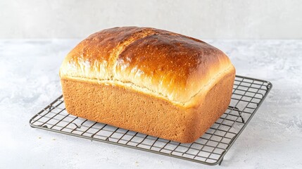 A loaf of freshly baked bread cooling on a wire rack, filling the frame with appetizing textures