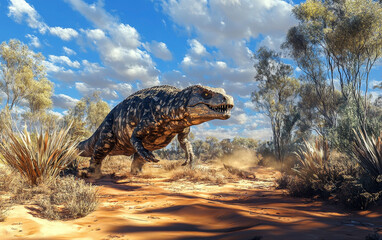 A colossal Megalania reptile prowls through the rugged, sun-drenched wilderness, its predatory gaze scanning the landscape for any sign of movement or potential prey