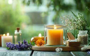 Serene spa setting with lit candle in glass jar, lavender, herbs, and natural elements on rustic wooden surface, creating a tranquil atmosphere