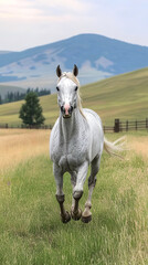A beautiful white horse gallops freely across a lush, open field with rolling hills in the background