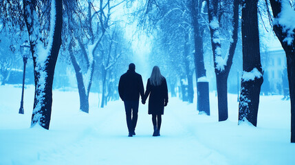 A couple walks hand in hand through a serene, snow covered park, surrounded by tall trees in winter