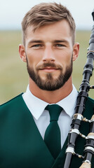 A handsome bagpiper in traditional green attire stands confidently, symbolizing cultural pride and music