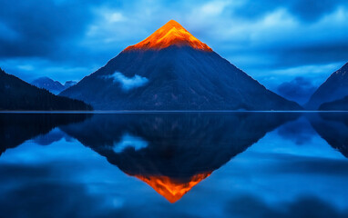 A majestic volcano with a glowing peak is beautifully mirrored in calm lake waters at dusk