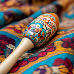 Vibrant maraca with intricate patterns lying on colorful fabric