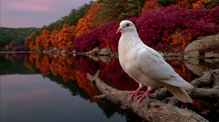 White dove perched on branch with autumn foliage lake backdrop