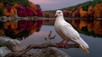 White Pigeon on Branch in Autumn Landscape
