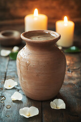 Rustic clay pot with water on wooden table surrounded by petals and lit candles