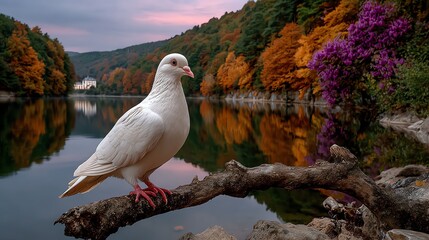 White Dove on Branch Near Lake