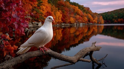 White Dove on Branch in Autumn Forest Landscape