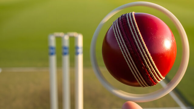 Red Cricket Ball Passing Through Ring Near Wicket Stumps