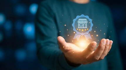 Hand holding glowing store icon with four stars on a dark digital background symbolizing q