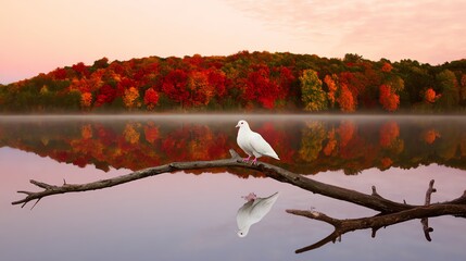 Dove on Branch Reflection in Autumn Lake