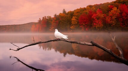 White Dove on Branch Over Lake in Autumn Landscape