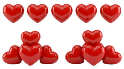 Clustered and aligned red glossy 3d hearts in two groups isolated on a transparent background shiny reflective