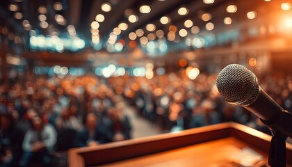 Microphone on podium with audience in background