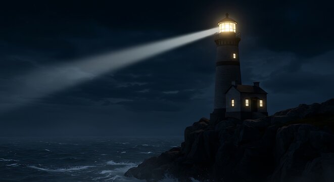 Lighthouse on Rocky Coast at Night Illuminated by Bright Beam of Light