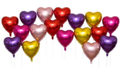 Colorful heart shaped balloons on sticks isolated on a transparent background shiny metallic