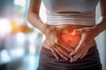 A woman gently cradles her abdomen, expressing care and concern for her gut health