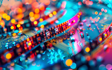 Dynamic waves of vibrant technology circuitry, bathed in a cascade of multicolored bokeh light.