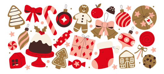 Colorful Christmas decor elements and sweets icons isolated festive set isolated on white background