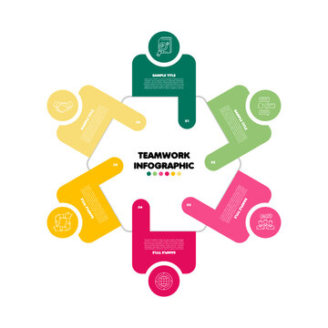 Teamwork process infographic with 6 editable steps complete with icons. Editable vector eps.