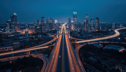 Fototapeta premium City highway at dusk with light trails leading to modern skyline, vibrant urban motion