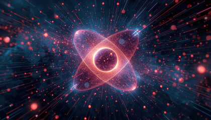 Obraz premium Glowing atomic nucleus with orbital paths and bursting particles conveying quantum energy