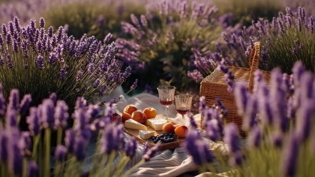 Romantic picnic in a lavender field with cheese, fruits, and wine glasses