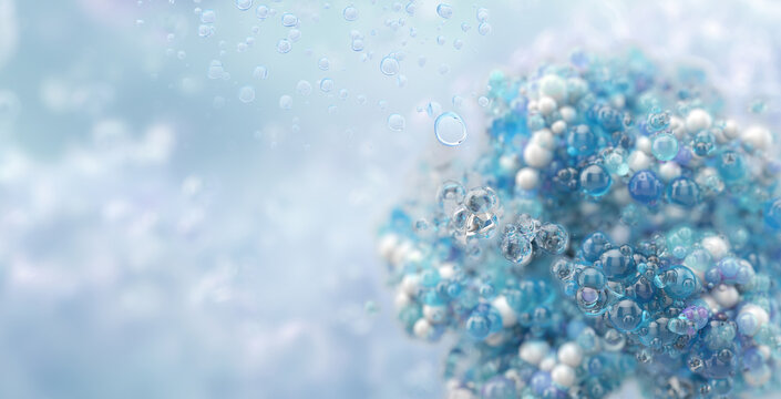 Micellar serum microstructures in fluid. Abstract 3D lipid bubbles, cosmetic and biomedical nanoparticles, hydration concept. Skincare science, dermatology, pharmaceutical technology, nanotechnology