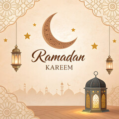 Ramadan Kareem Greeting with Ornate Lanterns, Crescent Moon & Mosque Silhouettes