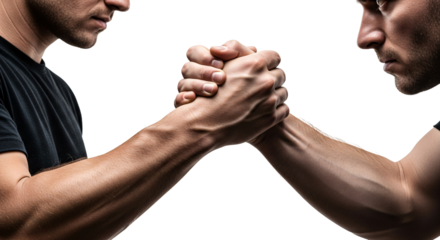 Two muscular men engaged in an arm wrestling match, their hands clasped together in a fierce struggle, isolated on a transparent background, 26.png