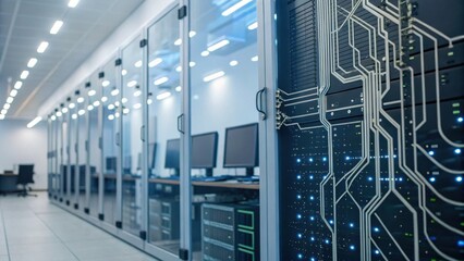 A modern data center featuring server racks, illuminated circuitry, and sleek design, emphasizing technology and digital infrastructure.